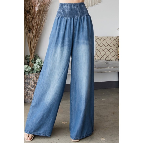 SOLD OUT Denim Blue Washed Wide Palazzo Leg Tencel Casual Smocked High Waist - Picture 3 of 5